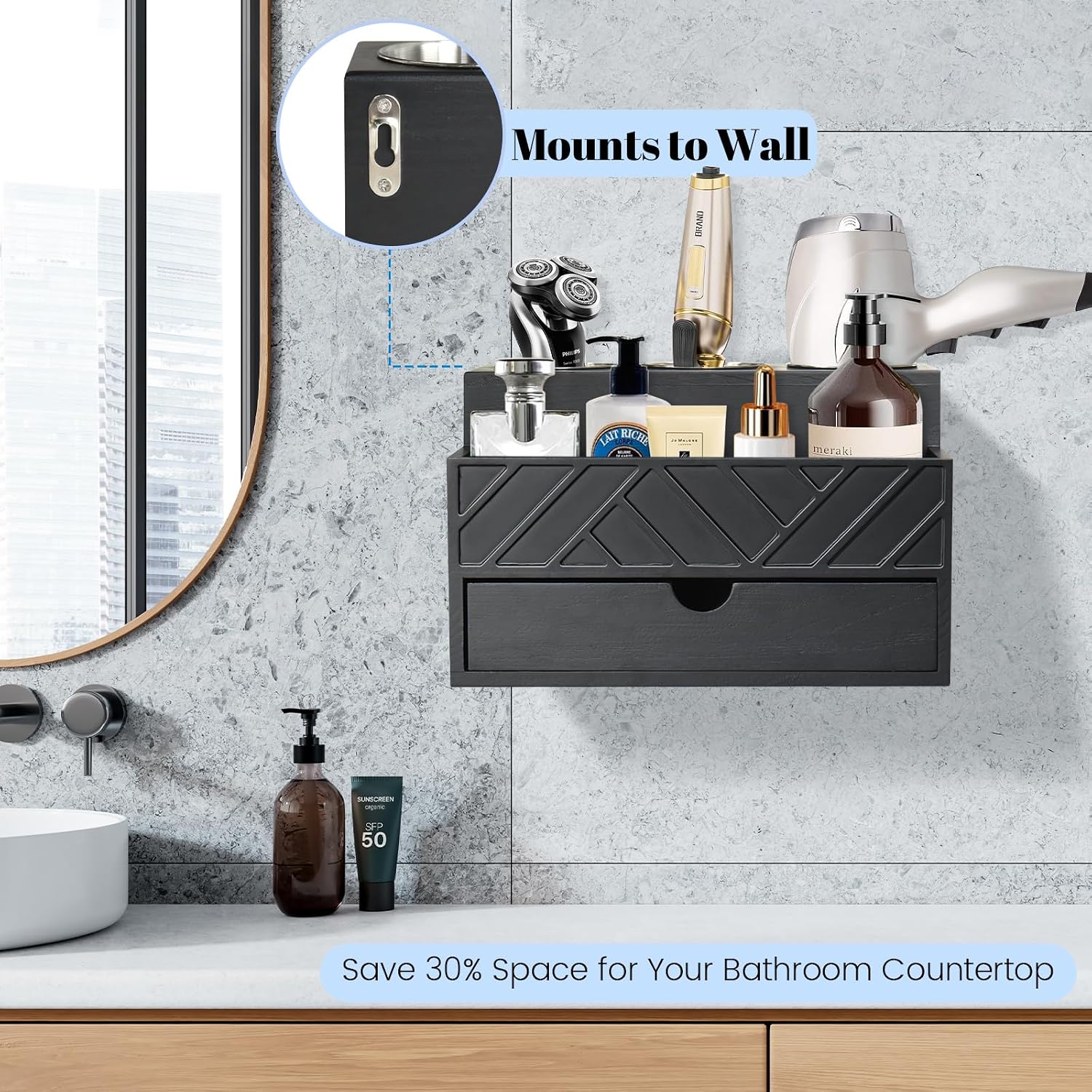Hair Tool Organizer, Hair Dryer Holder with Drawer, Bathroom Countertop Organizer for Bathroom Accessories, Blow Dryer