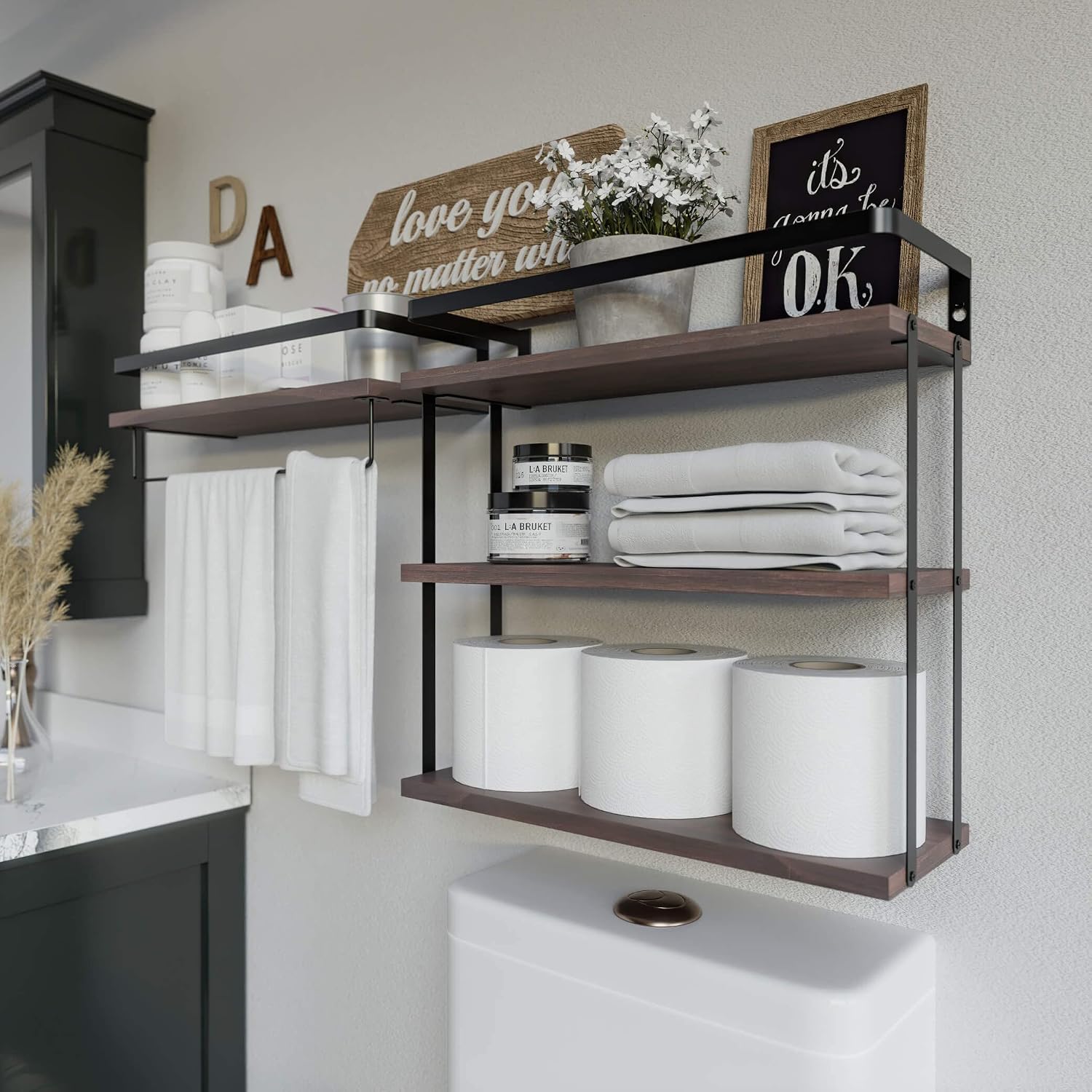 RICHER HOUSE Floating Shelves Bathroom, Wall Mounted Shelf Over Toilet | 3+1 Tier, with Metal Rail, Towel Rack, Paper