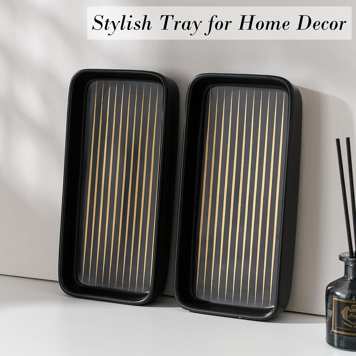 2PC Rectangle Striped Tray / Black Color with Golden Stripes / Set of 2