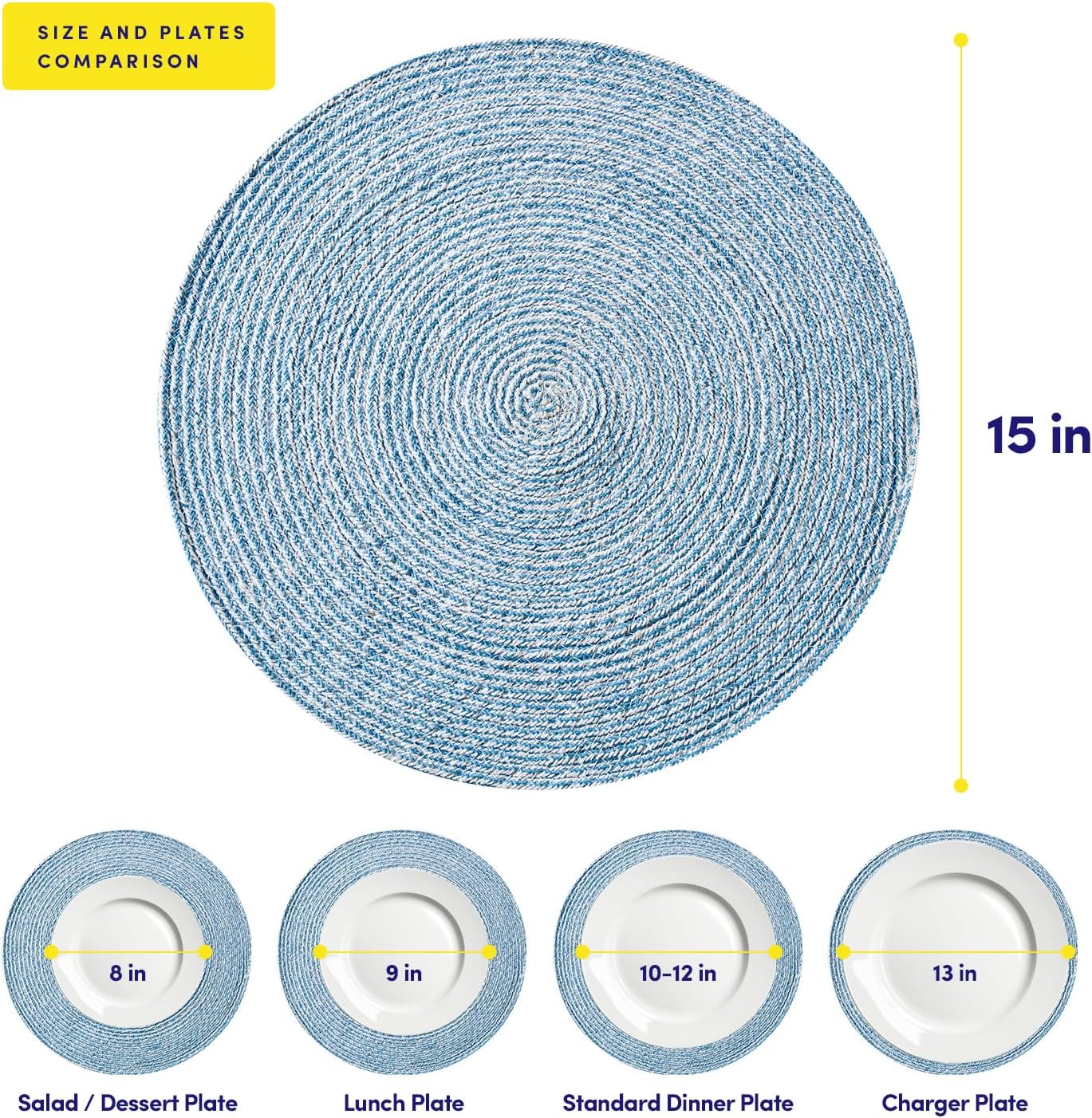 Round Placemats Set of 6-100% Cotton Two-Tone Placemat for Dining Table - Woven Braided Table Setting Place Mat