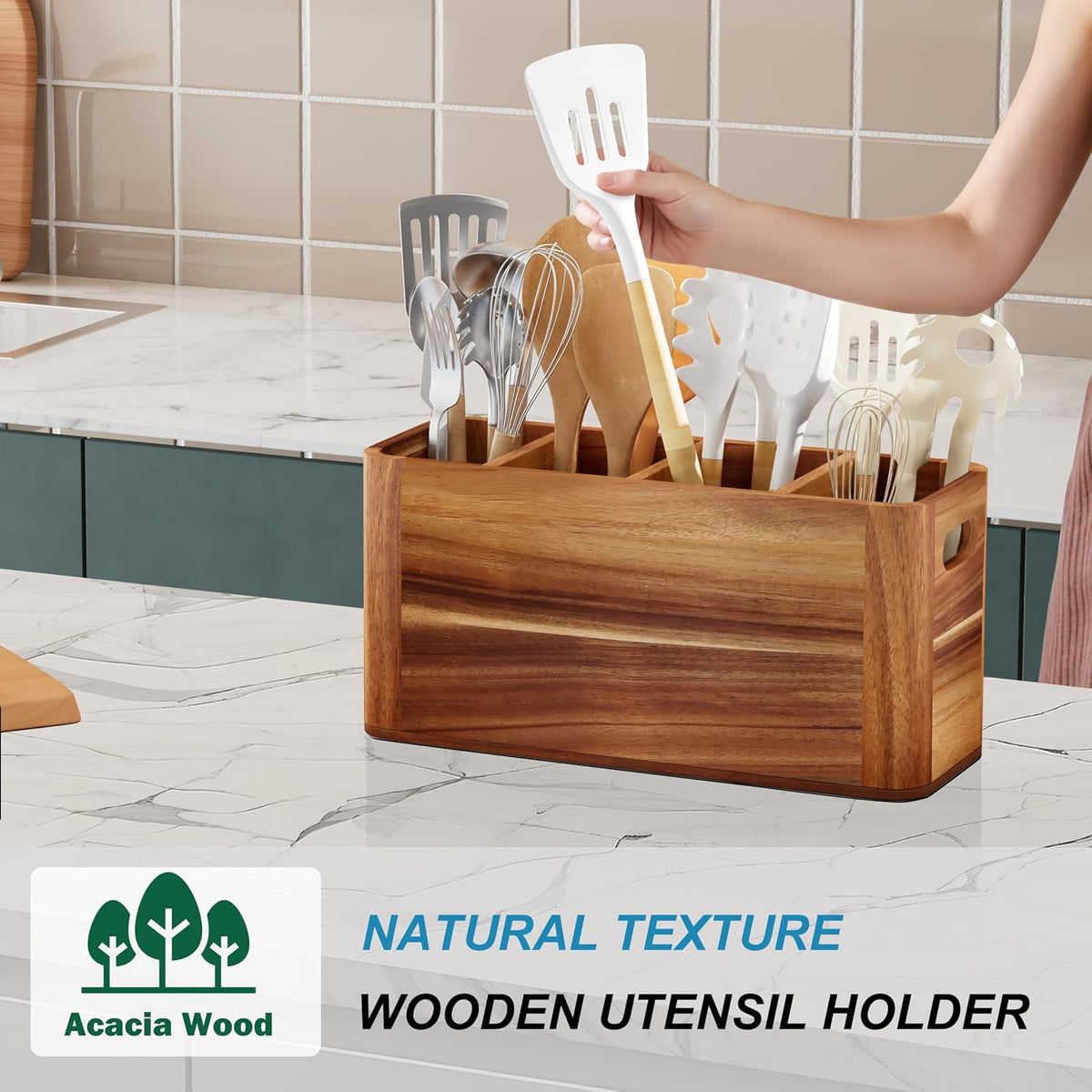 Utensil Holder for Kitchen Counter, Extra Large Utensil Holder for Countertop with 4 Compartments Wooden Cooking