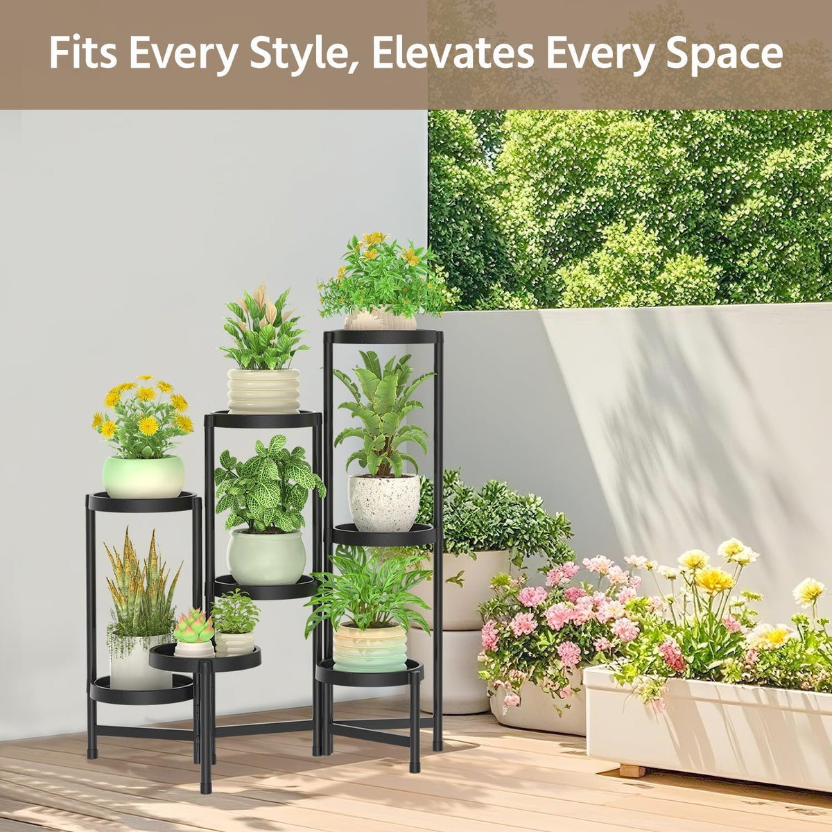 LASZOLA Plant Stand Indoor Outdoor Tall with Plastic Tray, 8 Tiers Black | Corner Folding Flower Display Rack, Modern