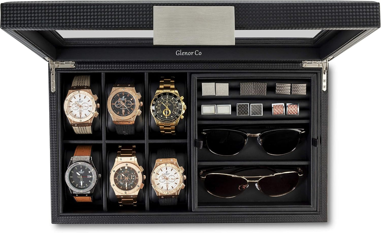 Glenor Co Valet Jewelry Box for Men - Holds 6 Watches, 12 cufflinks, 2 Sunglasses & Tray Storage - Mens Watch Case
