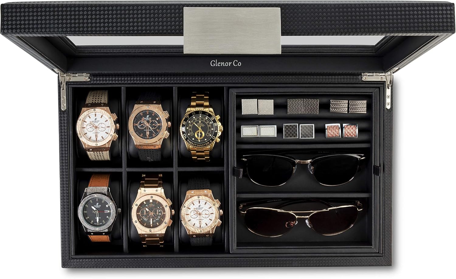 Glenor Co Valet Jewelry Box for Men - Holds 6 Watches, 12 cufflinks, 2 Sunglasses & Tray Storage - Mens Watch Case