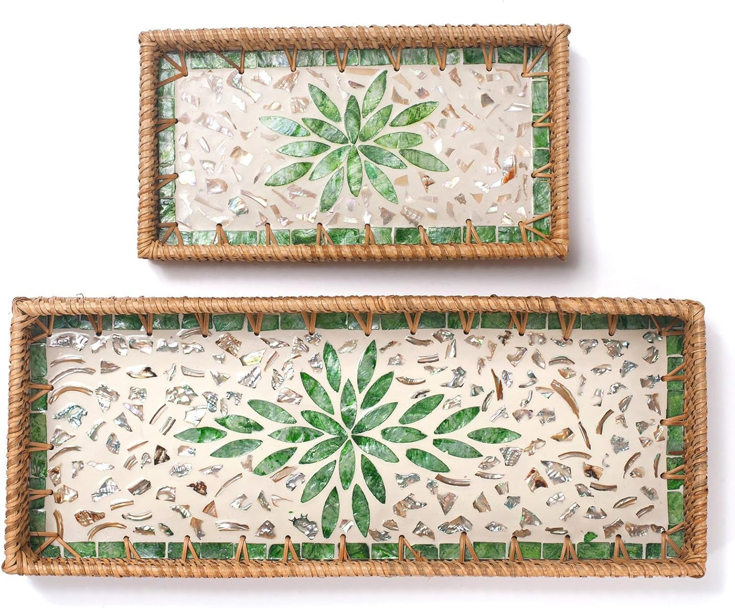 Rattan Bathroom Vanity Tray / Green Leaves / Set of 2