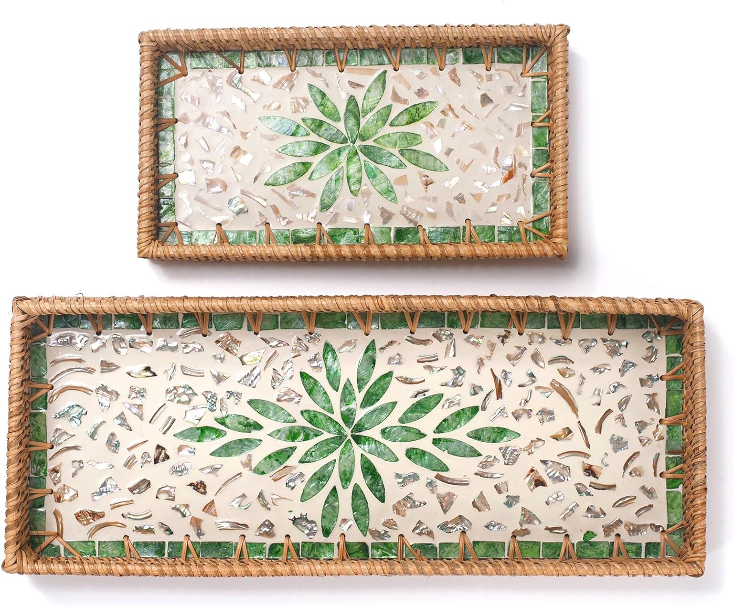 Rattan Bathroom Vanity Tray / Green Leaves / Set of 2