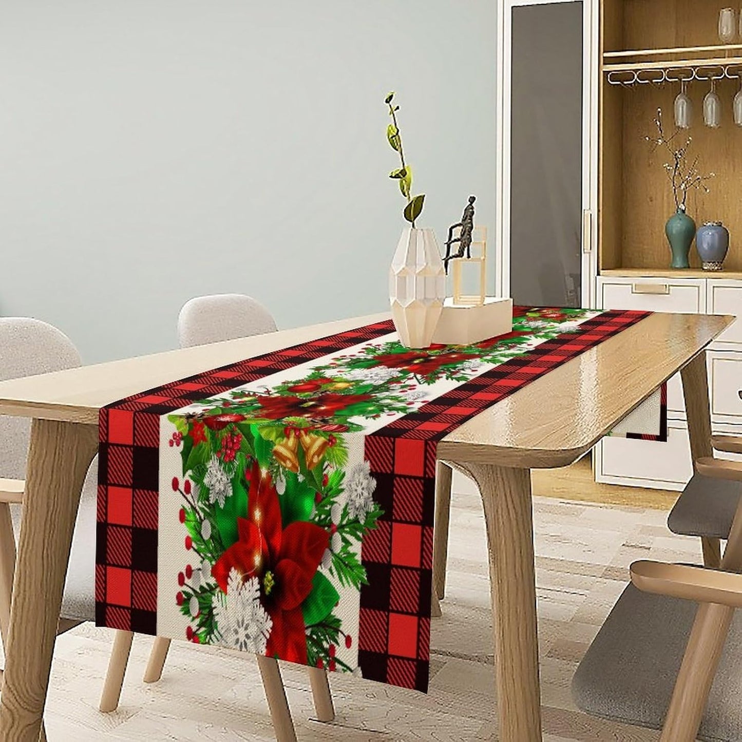Christmas Linen Table Runner, Red and Black Buffalo Plaid Winter Xmas Holiday Farmhouse Style Patterns Printed Linen