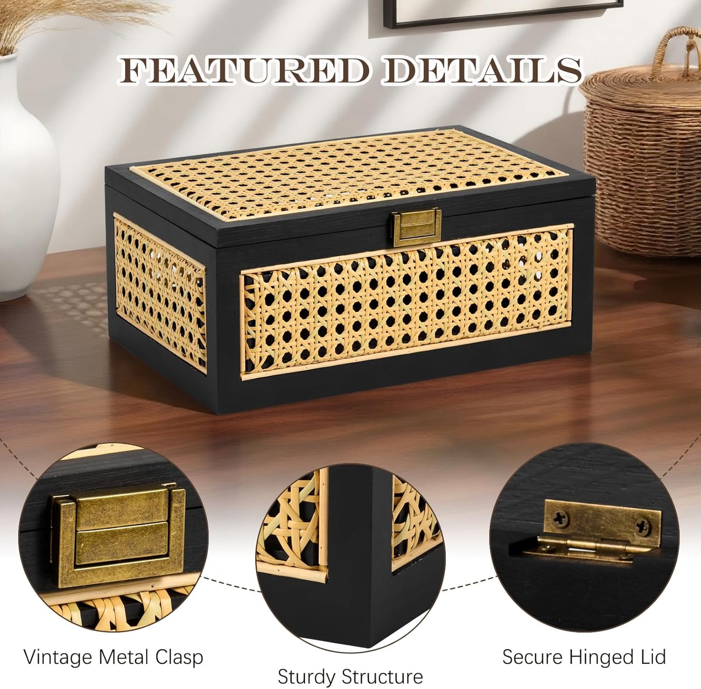 Lid Wooden Frame Boho Rustic Wicker Box Stacking / Large / Black
