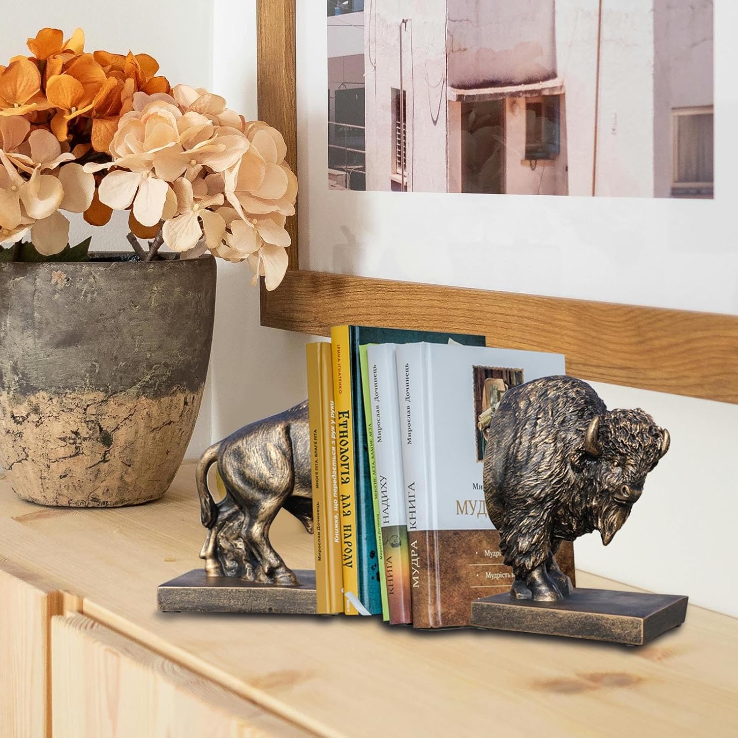 Art bookend / Polyresin Buffalo Bookend / Set of 2