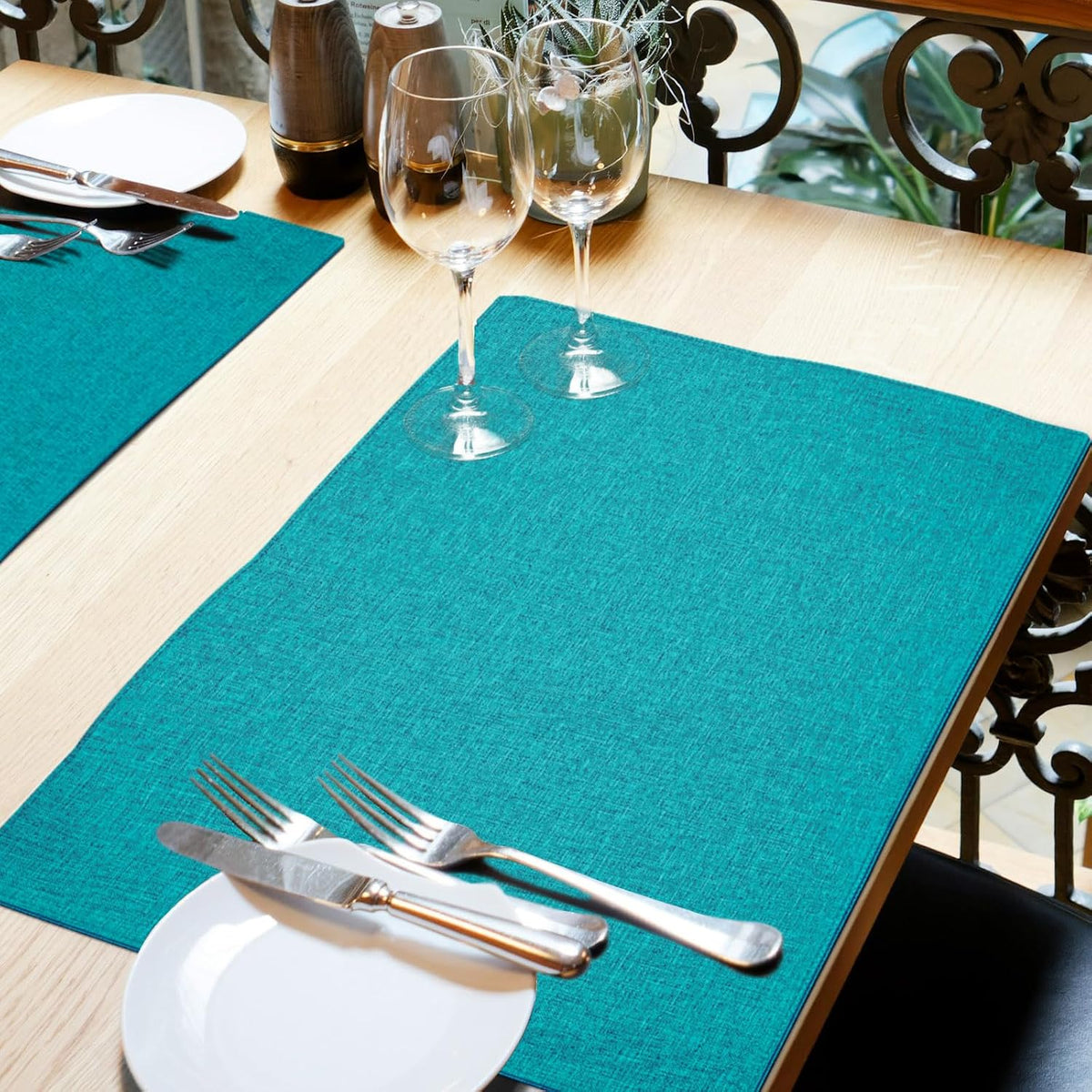 Cloth Placemats Set of 6, Cotton Linen Blend Place Mats, Teal | Machine Washable, Double Layered, Heat Resistant