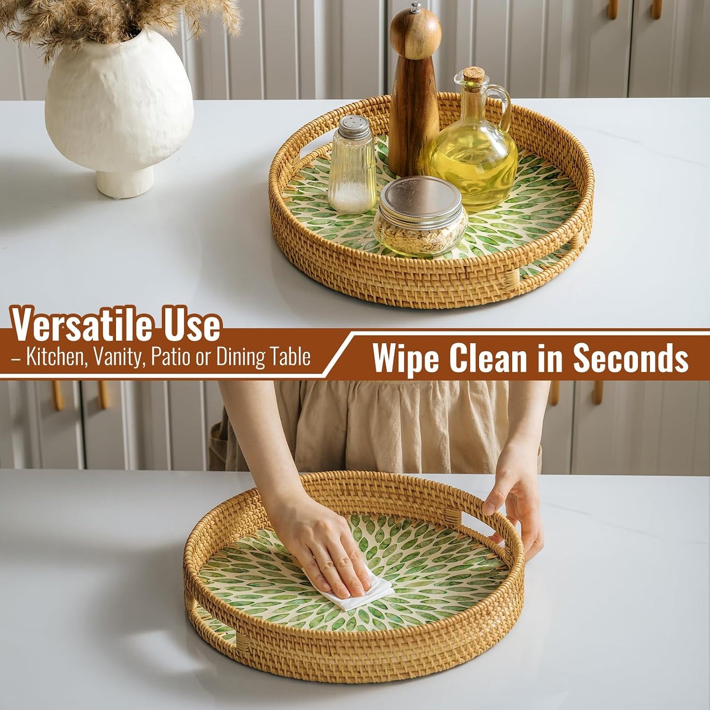 in Round Rattan Serving Tray / Green / 13.8 Inch