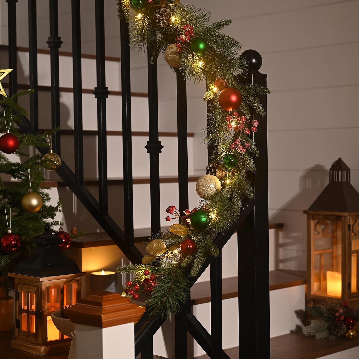 Valery Madelyn 6 Ft Pre-Lit Christmas Garland with Light for Mantle, Lighted Outdoor Xmas Garland with Red Green Gold