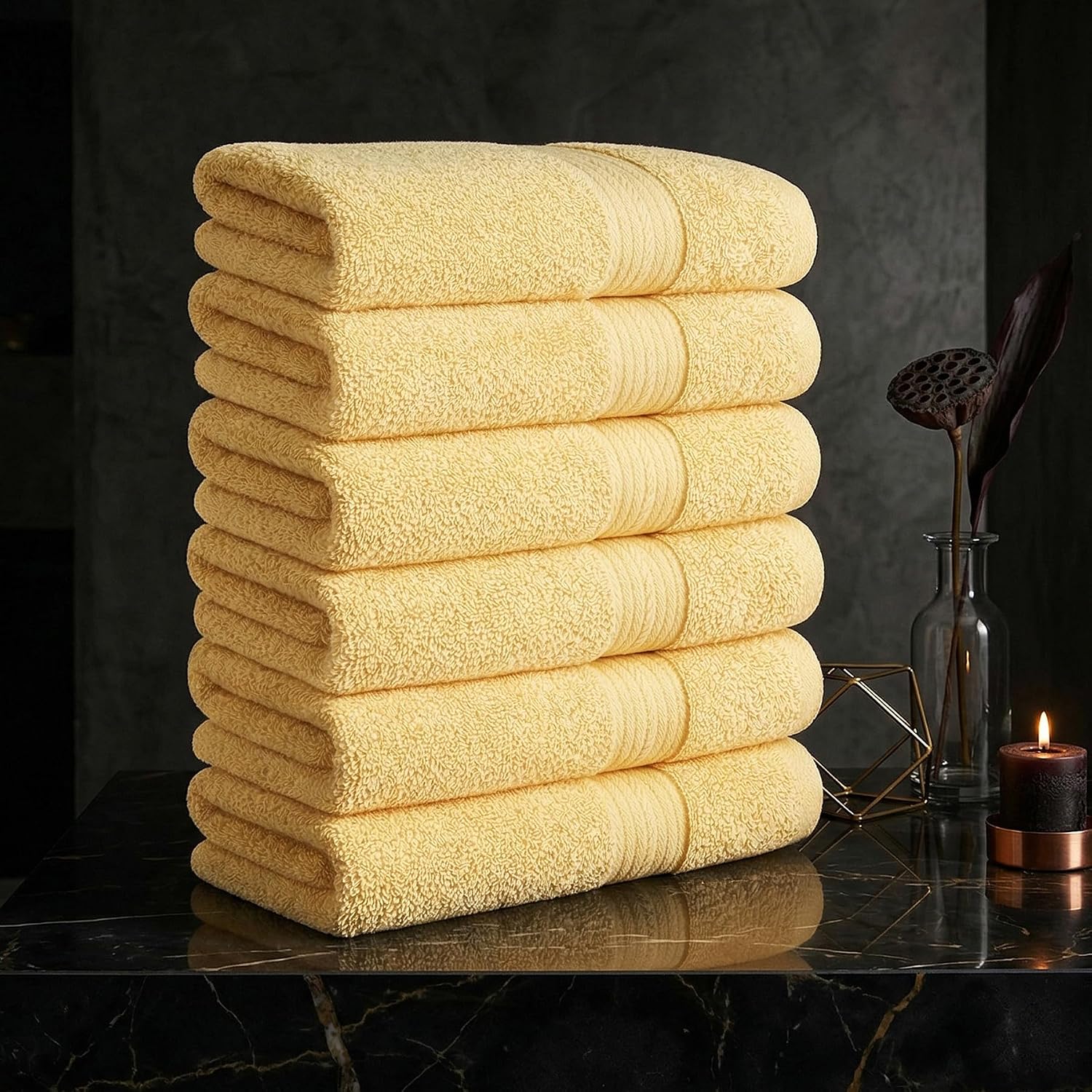 100% Cotton Hand Towels 18x28 Inches, 600 GSM, Soft & Absorbent, Set of 6, Yellow