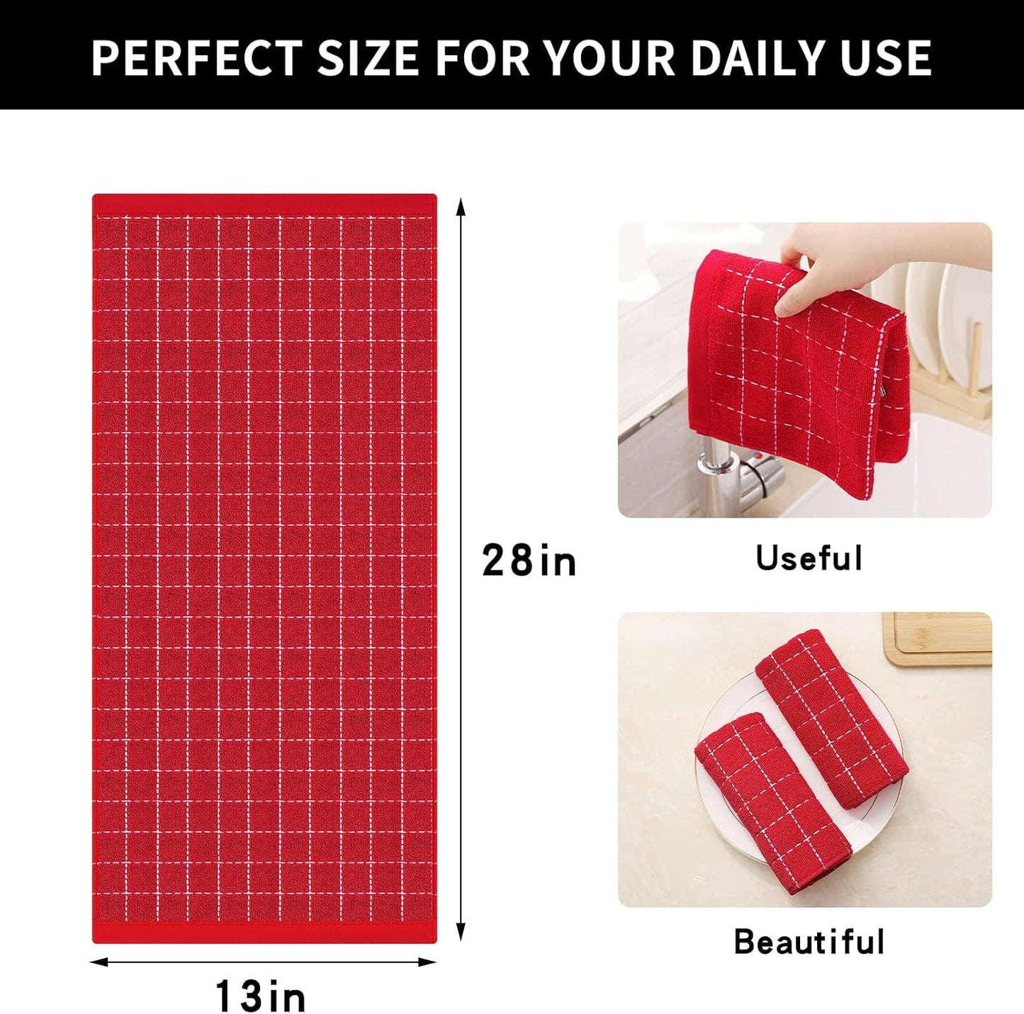 Homaxy 100% Cotton Terry Kitchen Towels, 12 Pack, Red | Ultra Soft and Absorbent Dish Towels for Kitchen, Suitable for