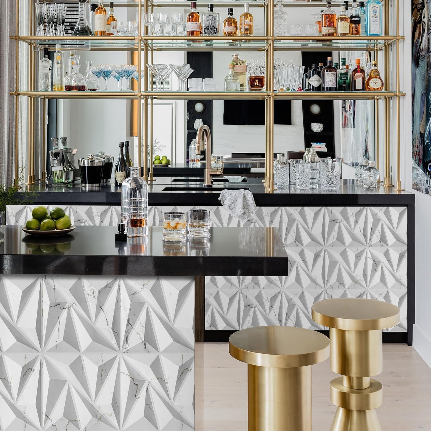 STICKGOO 3D Wall Panels Diamond, White Marble Mixed Gold Thread, 12''x12'' | Accent Wall Panels for Interior Wall