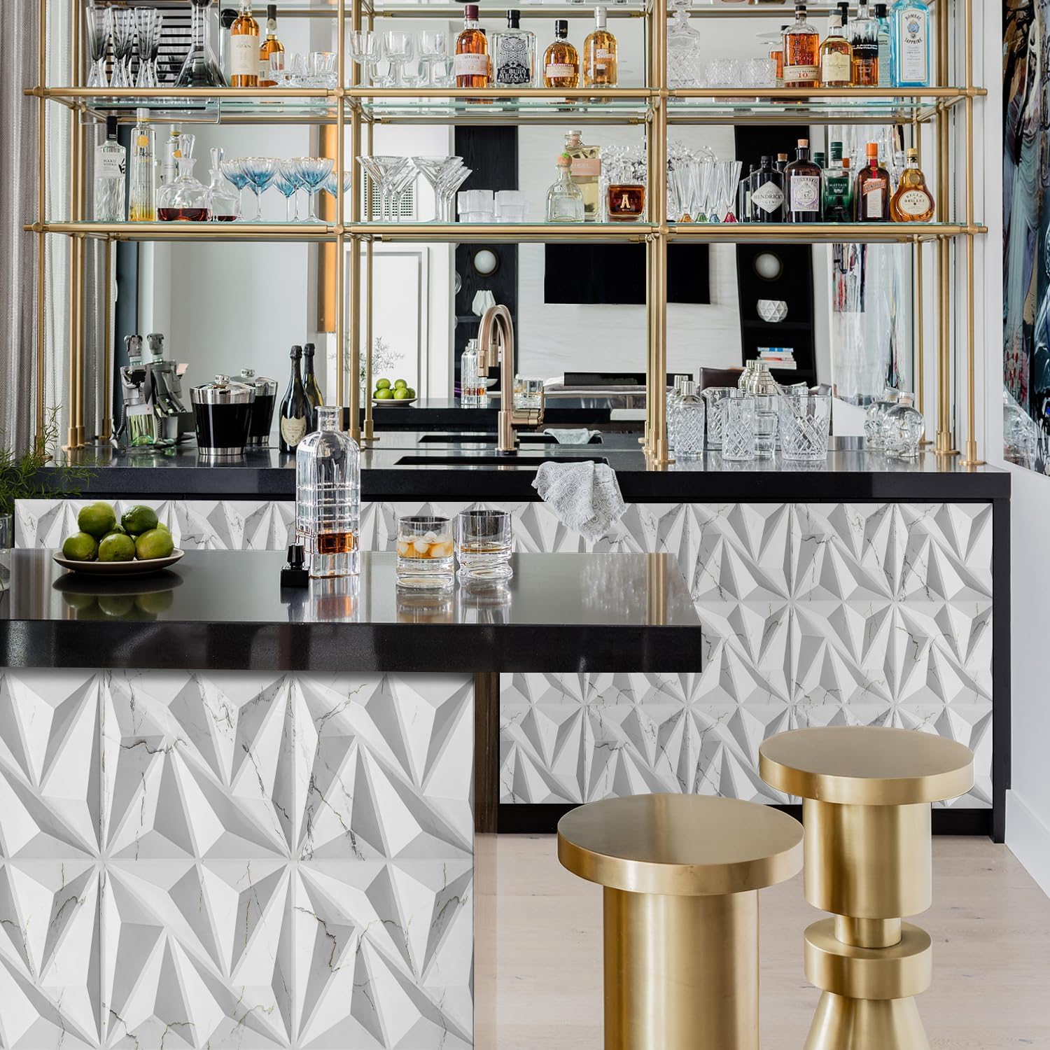 STICKGOO 3D Wall Panels Diamond, White Marble Mixed Gold Thread, 12''x12'' | Accent Wall Panels for Interior Wall