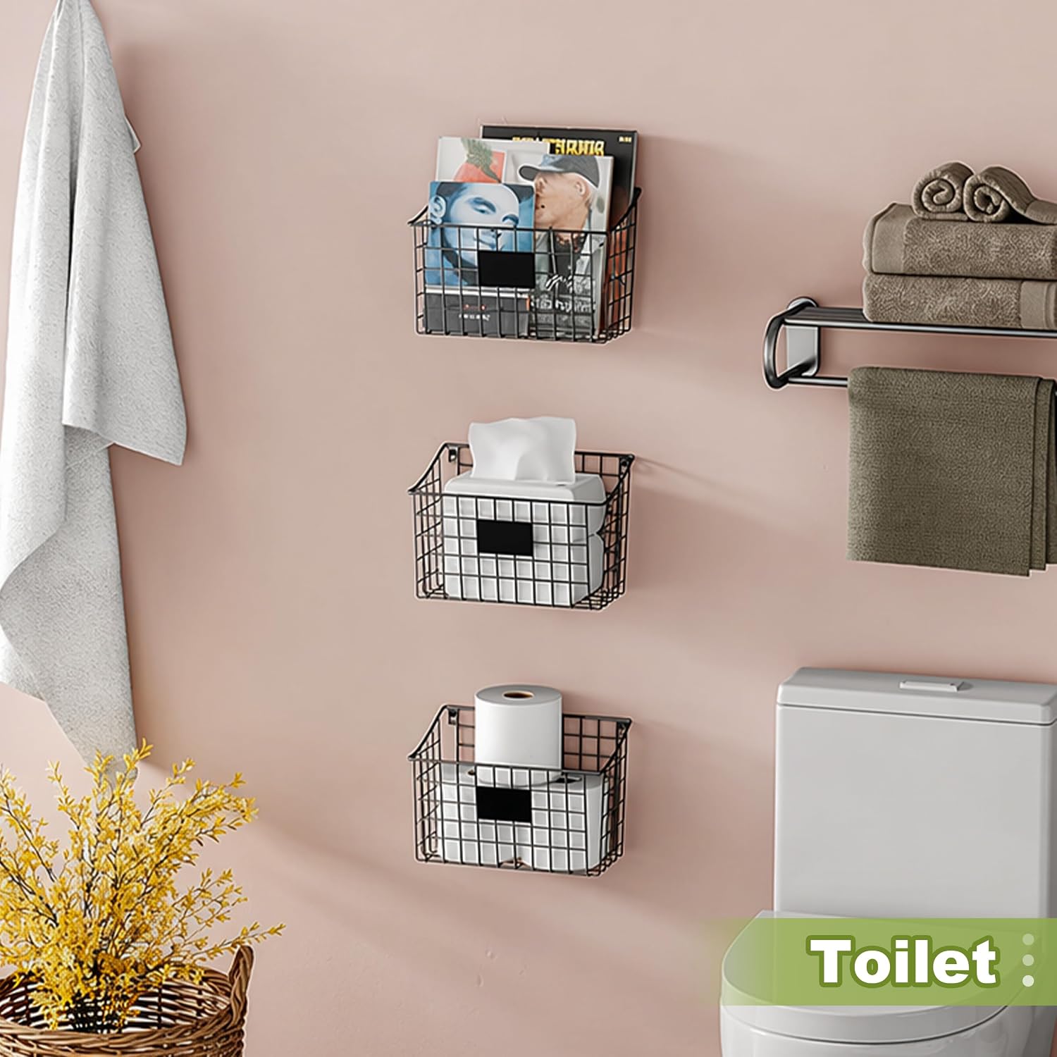 Wall Mounted Bin Basket with 5 Hooks 3 Label Plate Adhesive-3 Pack, Cabinet Hanging Metal Wire Basket,Rustic Farmhouse