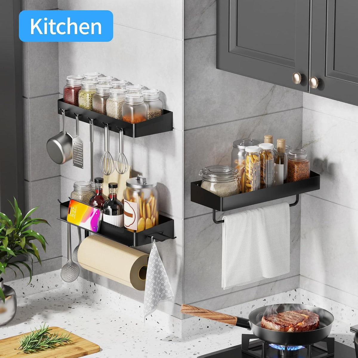 SUNTECH Garage Paper Towel Holder with Shelf, Wall-Mount, 3 Pack (Black) | Heavy Duty, Screw mounting, Built-in hooks