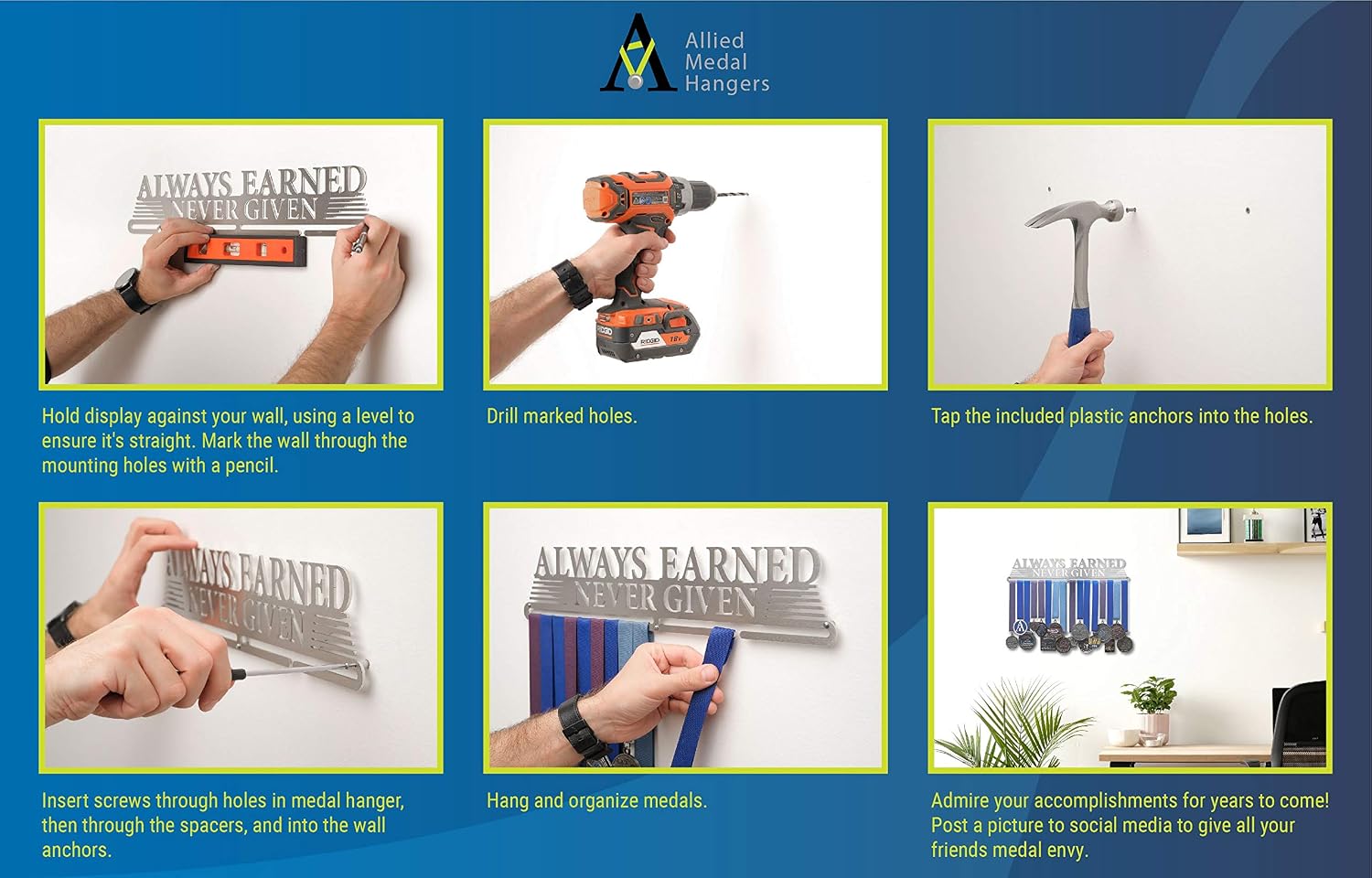 Allied Medal Hangers - Always Earned Never Given (Compact) - Multiple Variations Offered - Medal Awards Holder Display