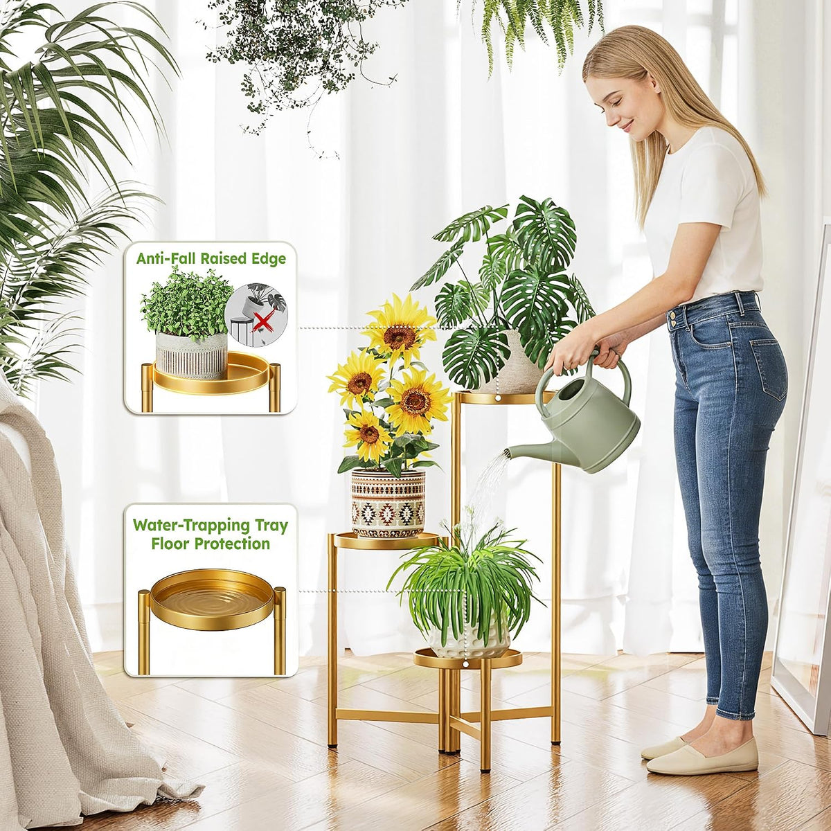 3 Tiered Plant Stand Indoor for Multiple Large Planter, Tall Heavy Duty Adjustable Folding Rack with Rustproof 7.9 Inch
