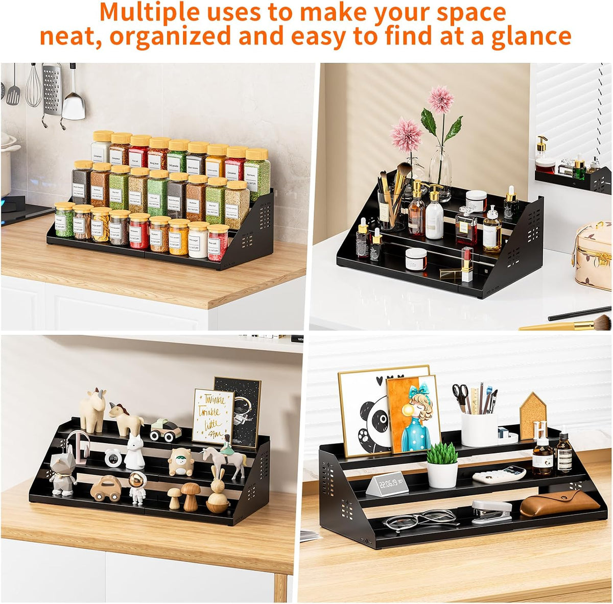 RCHYFEED 3 Tier Spice Rack Organizer for Cabinet,Expands 13.4 to 21.8 Inch | Black, Height Adjustable Metal Spice Rack
