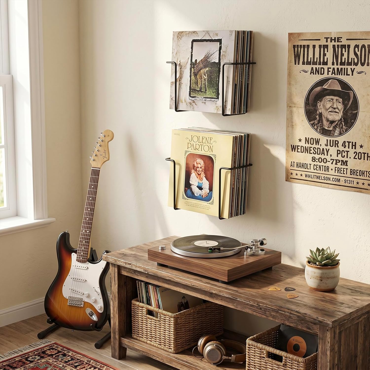 MyGift 2 Pack Vinyl Record Wall Mount Holder Black Metal Display Shelf | Holds LP Albums, Black Metal Frame, Floating