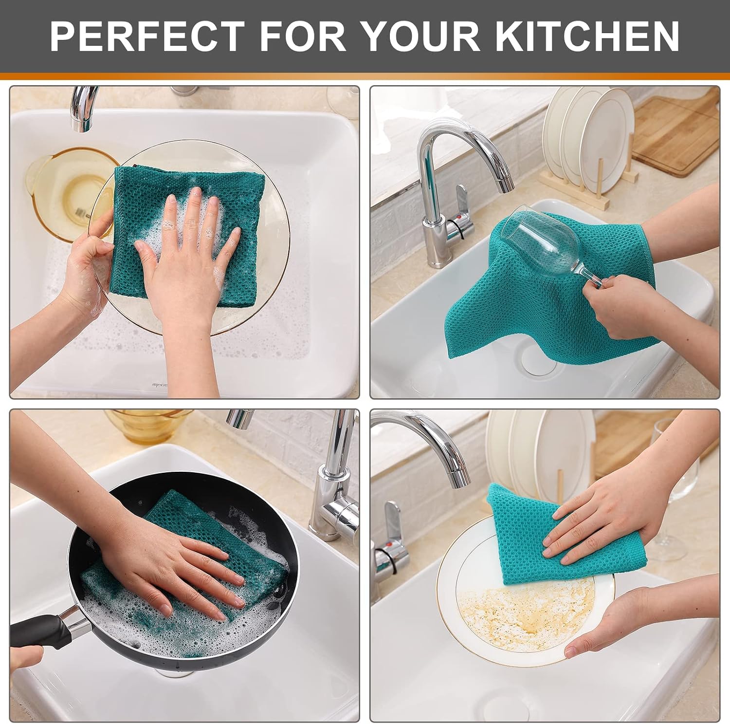 Kitinjoy 100% Cotton Waffle 12-Pack Kitchen Towels, 12" x 12", Teal | Ultra Absorbent, Super Soft, lightweight, Quick