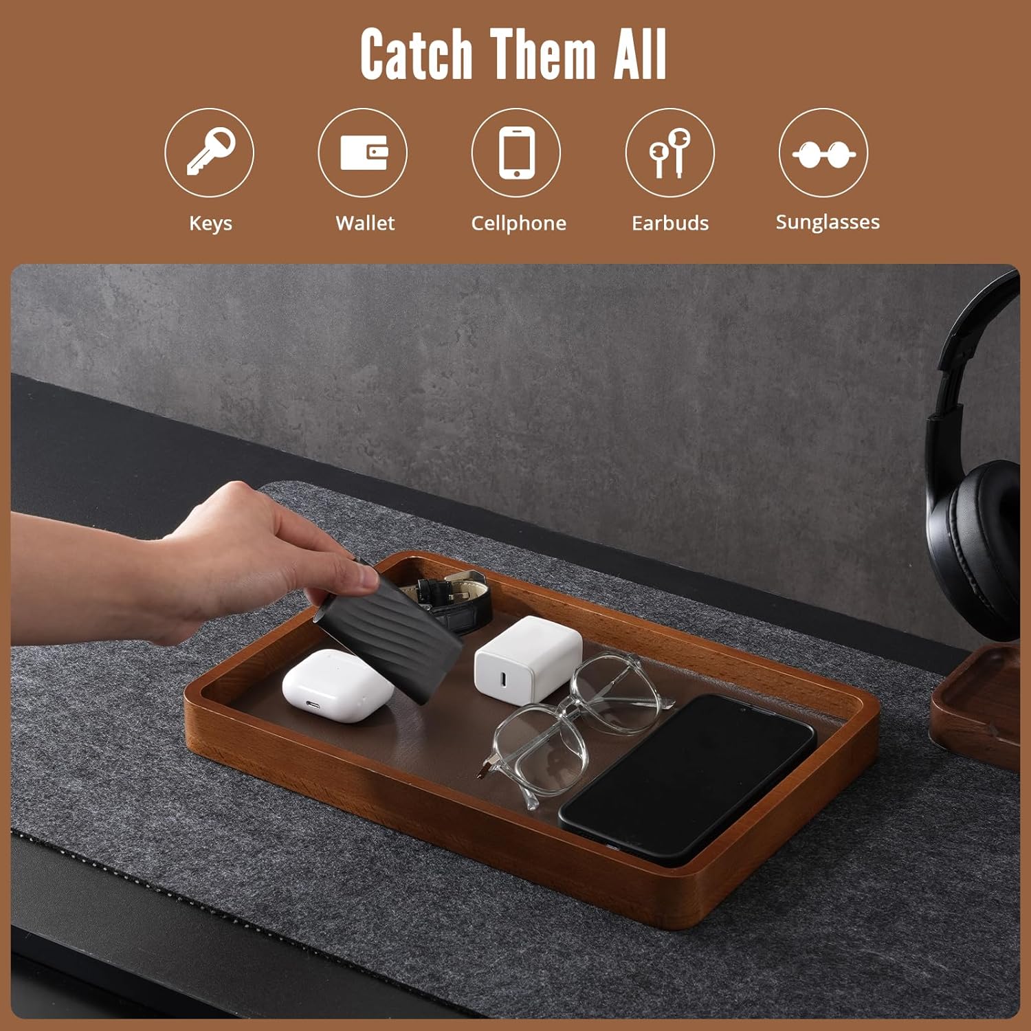 Wooden Valet Tray for Men / Dark Brown