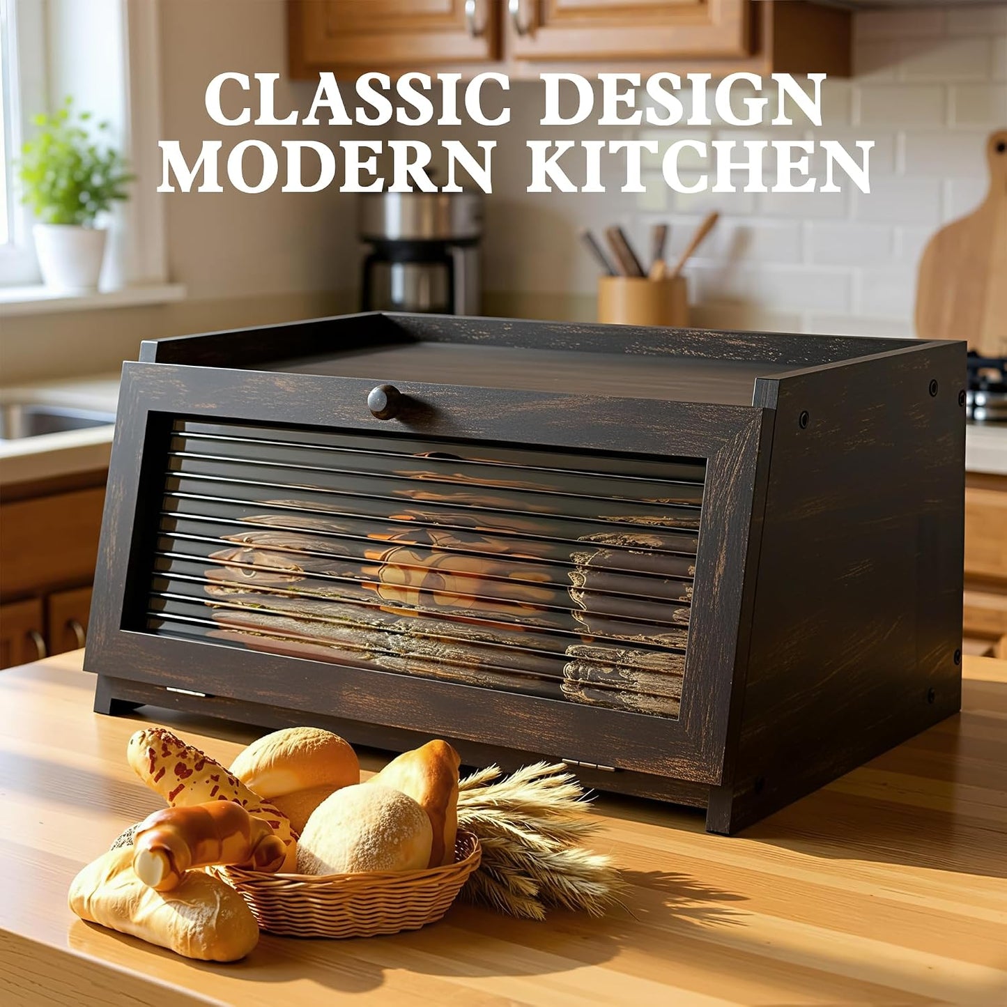 LOHASOK Bread Box for Kitchen Countertop | Large, Farmhouse Bread Container Holder Storage, Acrylic translucent window