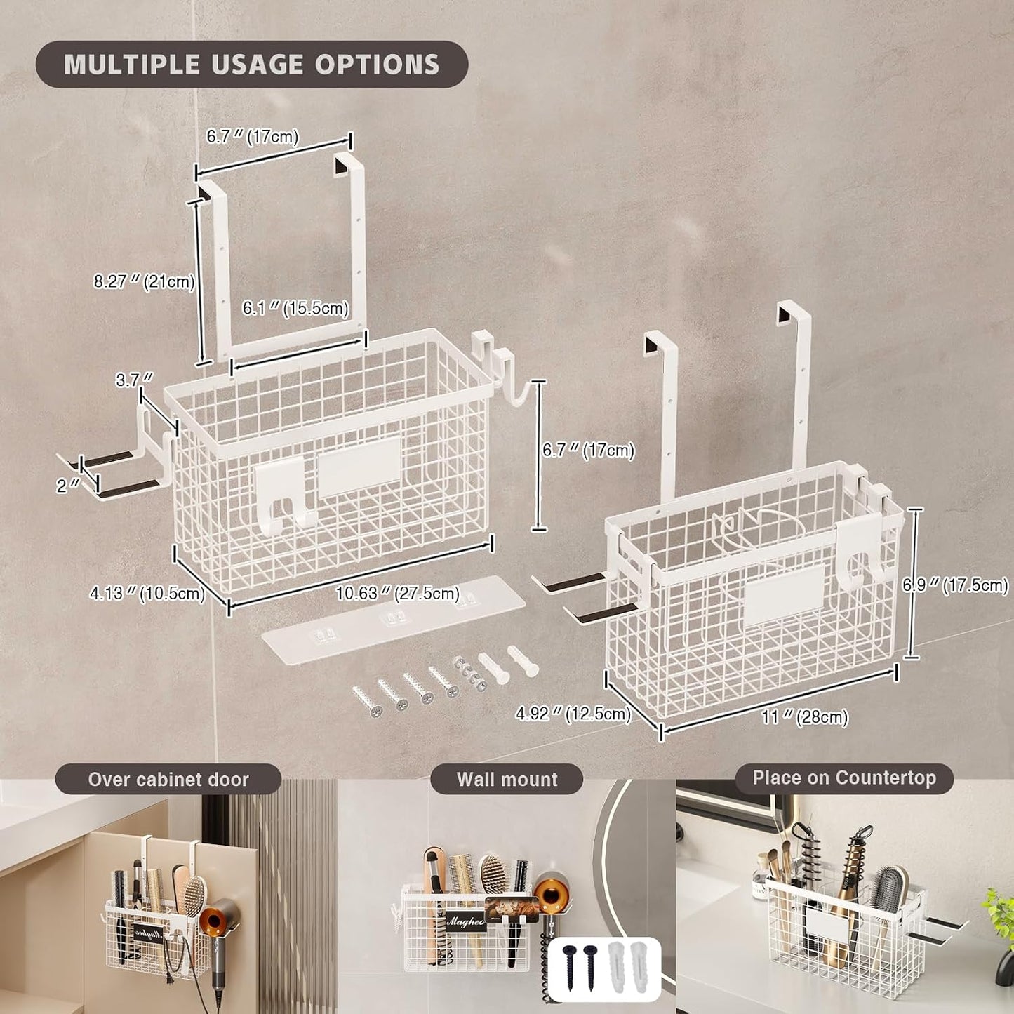 Magheo Hair Dryer Holder Cabinet Door 3-in-1 Adhesive Hair Tool Organizer Wall Mounted Adjustable Height Blow Dryer