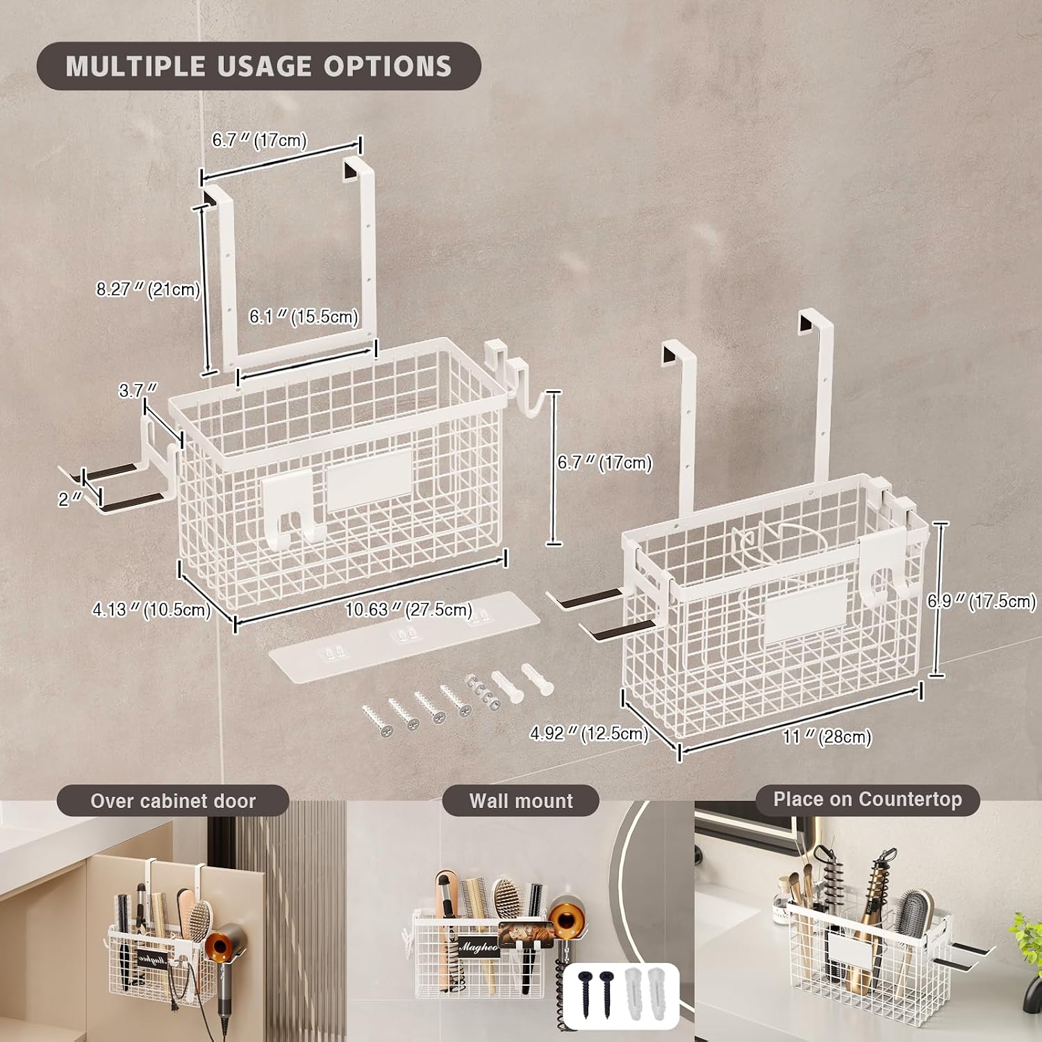 Magheo Hair Dryer Holder Cabinet Door 3-in-1 Adhesive Hair Tool Organizer Wall Mounted Adjustable Height Blow Dryer