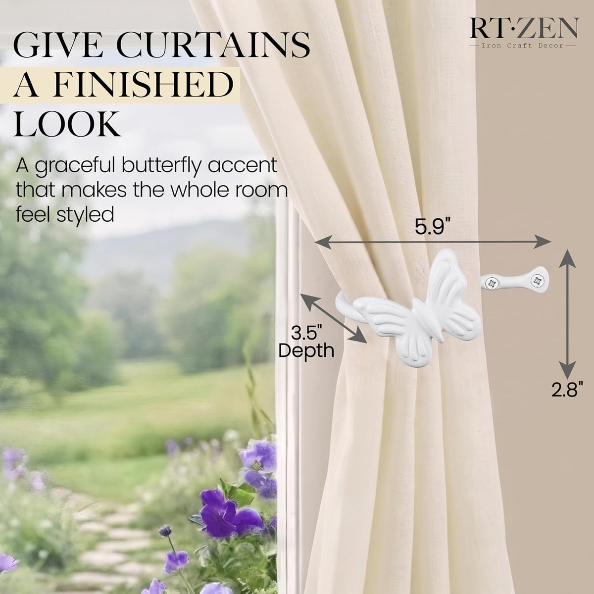 Metal Curtain Tiebacks, Drapery Holders for Wall, 2 Pcs | Farmhouse Wrought Iron Curtain Holdbacks, Ornamental Window