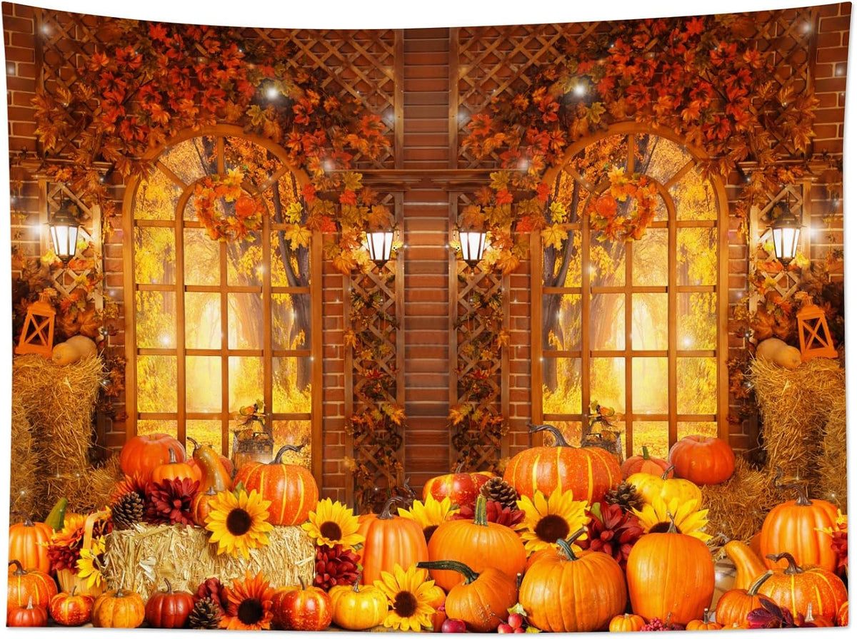HVEST Fall Tapestry Wall Hanging Rustic Orange Pumpkin and Sunflower in Maple Tree Forest Tapestry for Bedroom, Autumn Thanksgiving Tapestries for Living Room Home Holiday Wall Decor, 80W X 60H inches