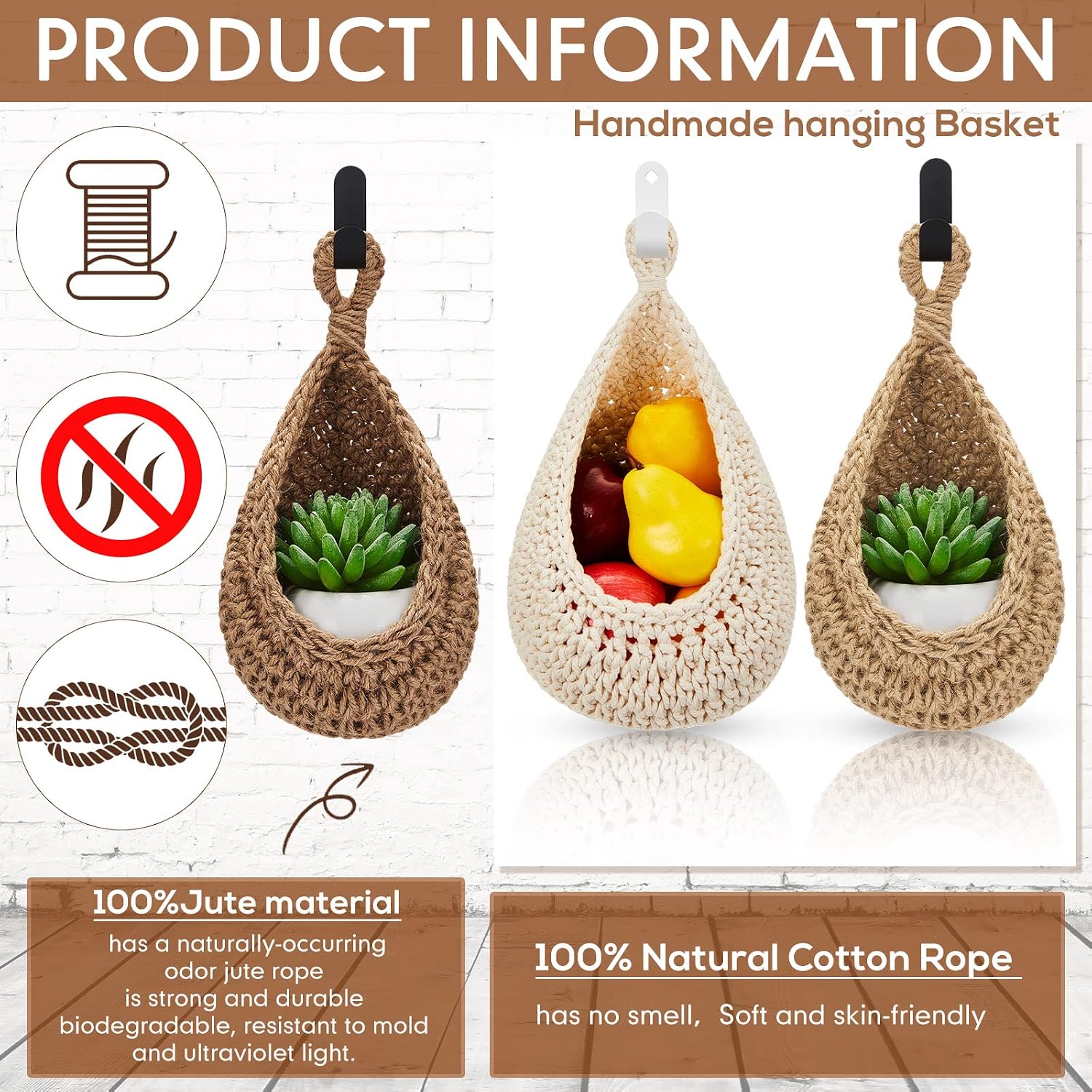 Boho Decor Hanging Wall Baskets / Light Linen / Cotton Rope / Teardrop / Set of 3