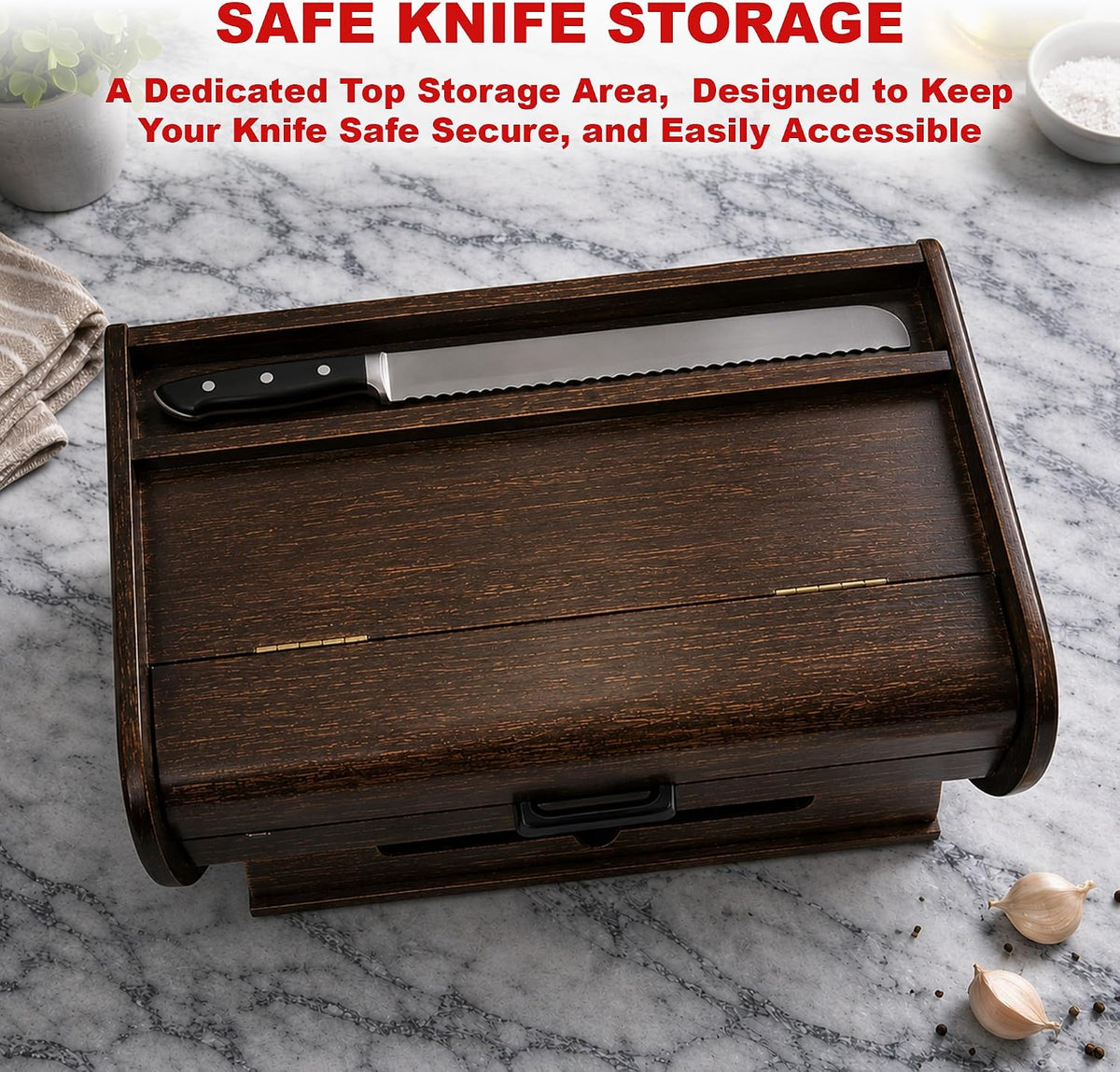 KNIFEPLANET Premium FULLY ASSEMBLED Rustic Bread Box – Extra Large Real Wood Bread Box for Kitchen Countertop Storage