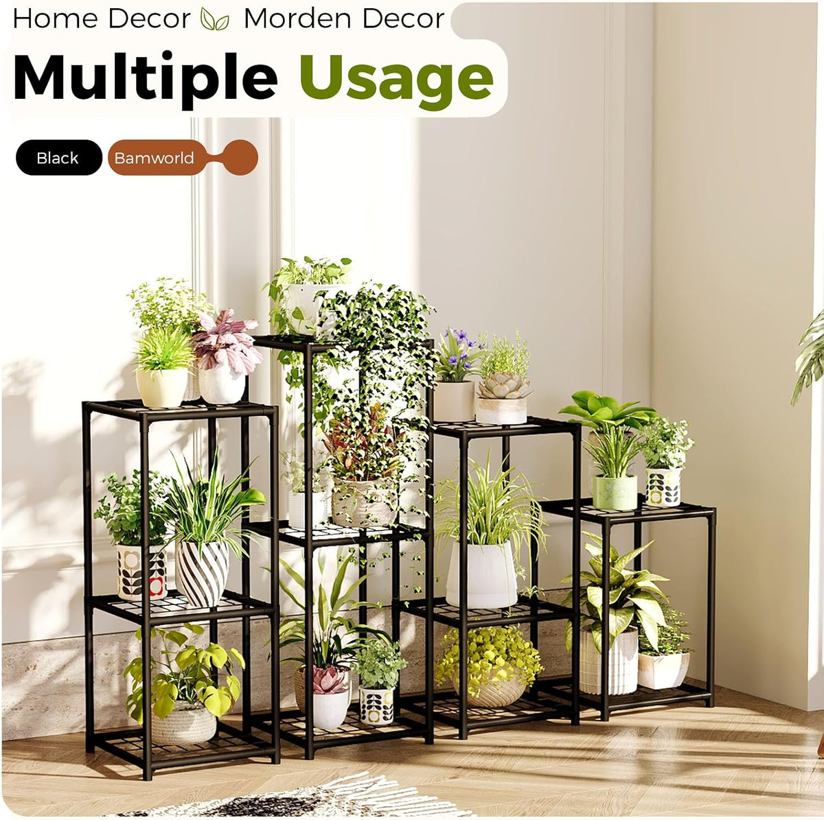 Bamworld Plant Stands Indoor 4 Sets Plant Shelves Outdoor | Metal Plant Holder for Multiple Plants Flower Stands for