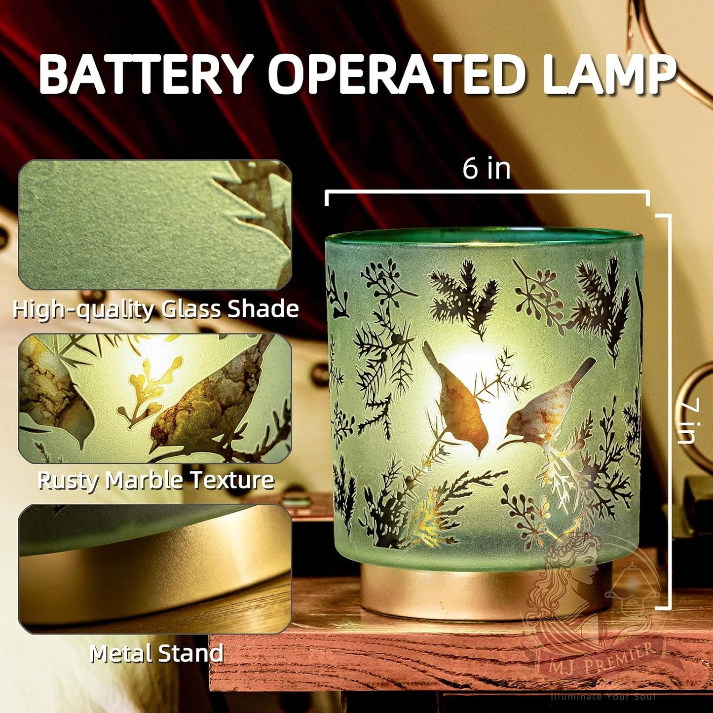 MJ PREMIER Battery Operated Lamps Cordless, Bird Lamp for Home Decor, Green | Large Stained Glass Table Lamp, 3 AA