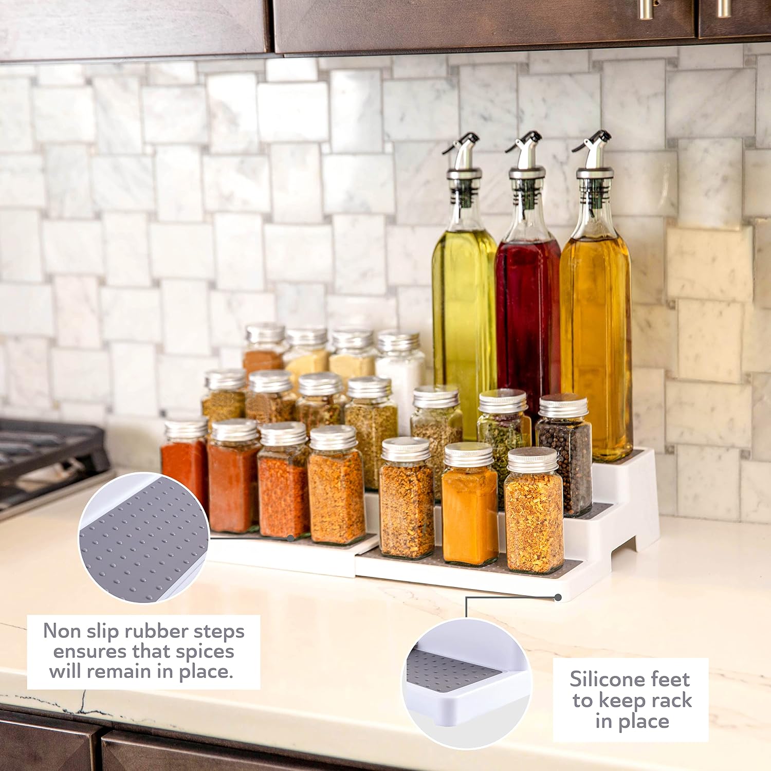 Oizeir Plastic 3-Tier Expandable Spice Rack, Adjustable Length, Stability with Non-Skid Shelf, For Easy Visibility