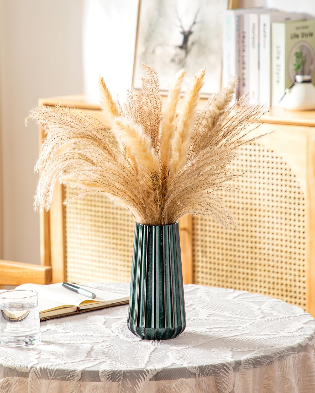 Ceramic Vase / Modern Ribbed Glossy Decorative Vase / Green / 7.8 Inch