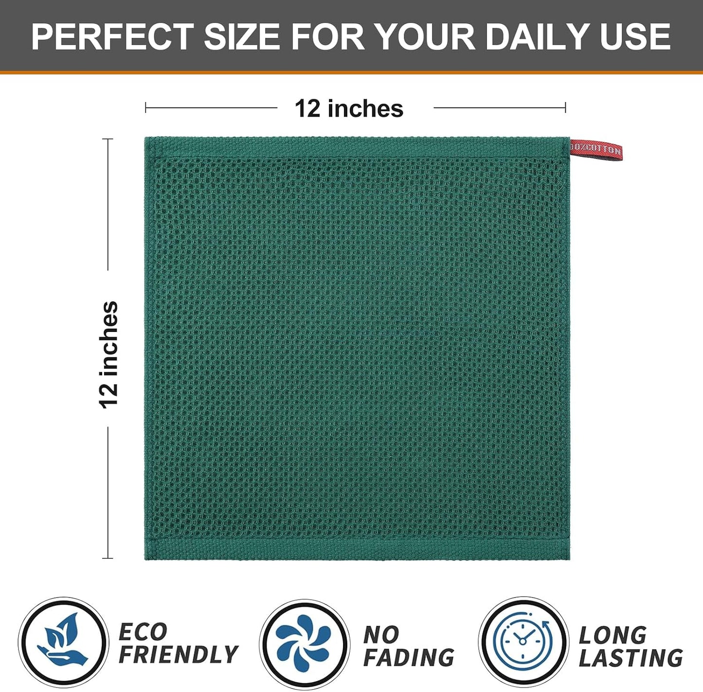 Kitinjoy 100% Cotton Waffle 8-Pack Kitchen Towels, 12" x 12", Dark Green | Ultra Absorbent, Super Soft, lightweight