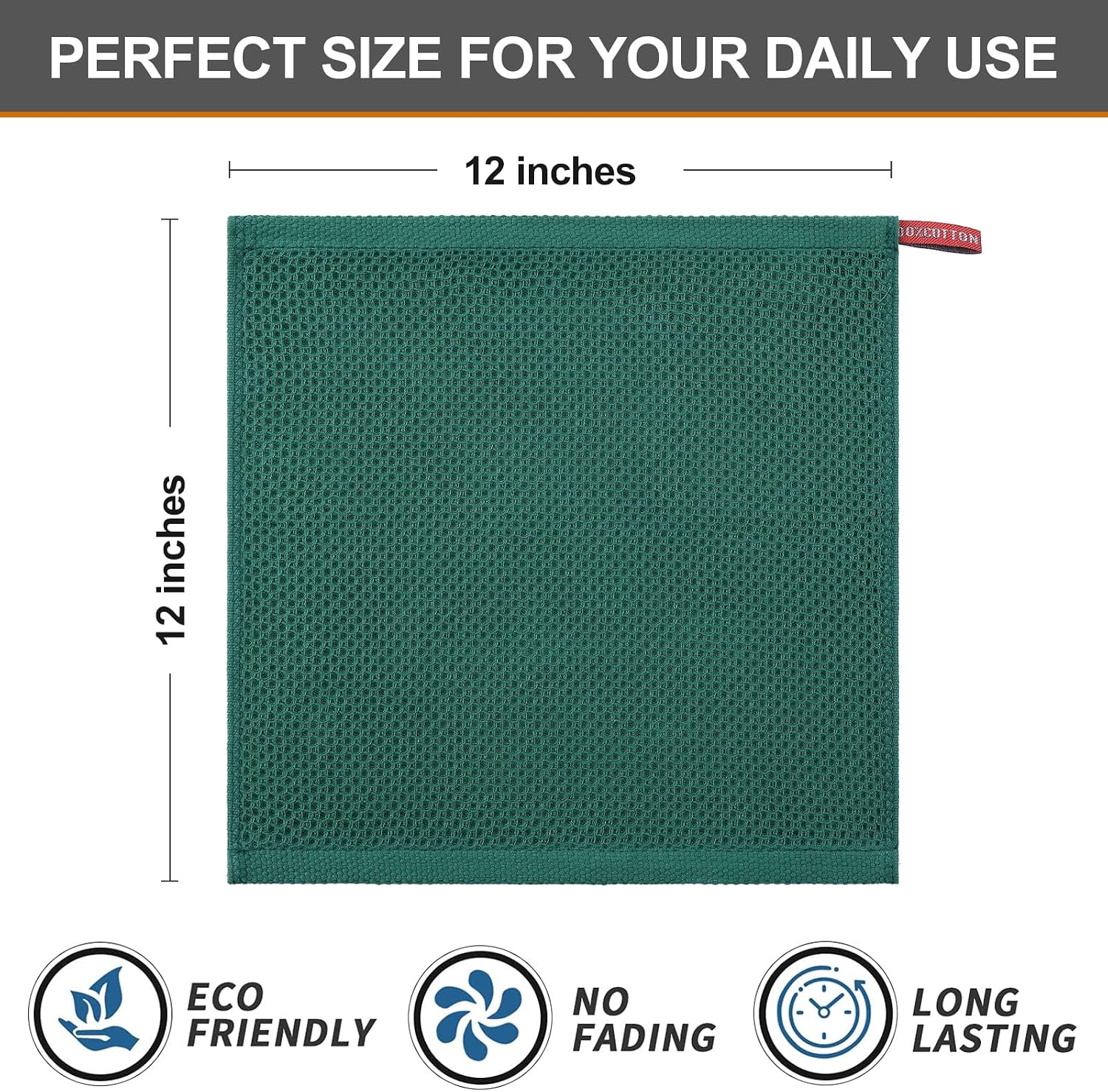 Kitinjoy 100% Cotton Waffle 8-Pack Kitchen Towels, 12" x 12", Dark Green | Ultra Absorbent, Super Soft, lightweight