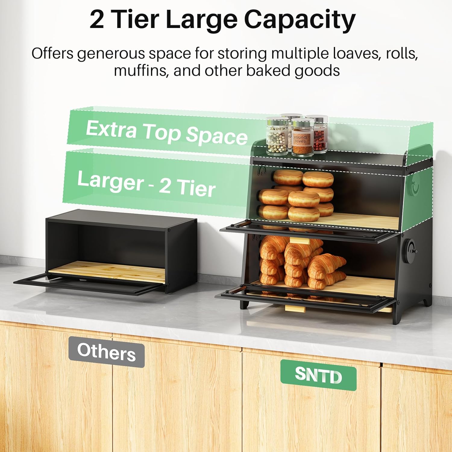 SNTD 2 Tier Bread Box for Kitchen Countertop, Adjustable Ventilation, Black | Bamboo Cutting Board, Airtight Design