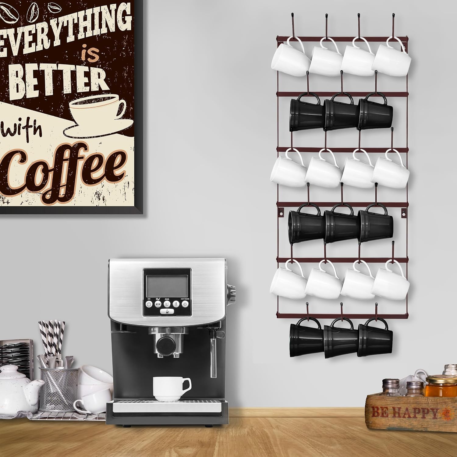 Sorbus Wall Mug Rack, Coffee Mug Display for Coffee Station (Small, Brown) | Rustic six-tier metal holder with hooks
