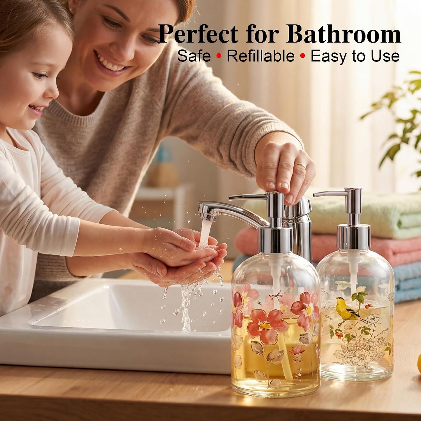 Topadorn 17oz Hand and Dish Soap Dispenser Set, Floral & Goldfinch | 2 Pack Glass Soap Dispensers with Pump, Refillable