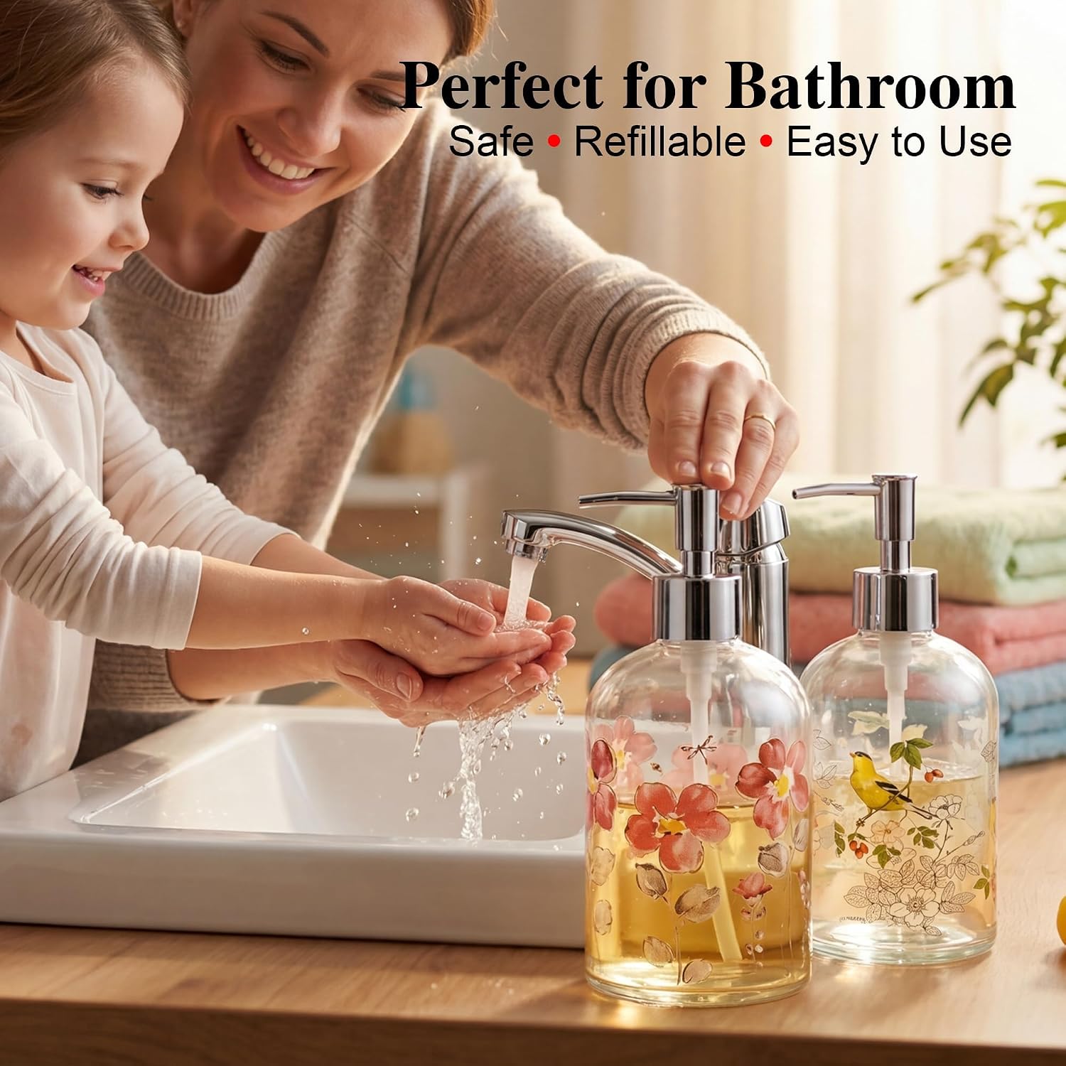 Topadorn 17oz Hand and Dish Soap Dispenser Set, Floral & Goldfinch | 2 Pack Glass Soap Dispensers with Pump, Refillable