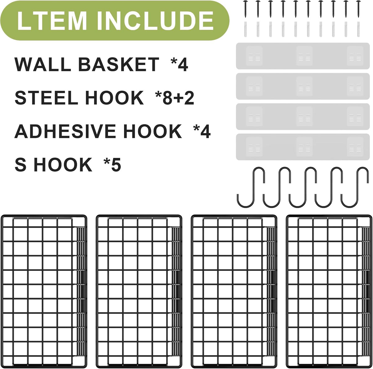 Wall Basket with Label Plate & 5 S-Hooks –4 Pack Hanging Wire Basket for Organizing, Wall Storage for Kitchen