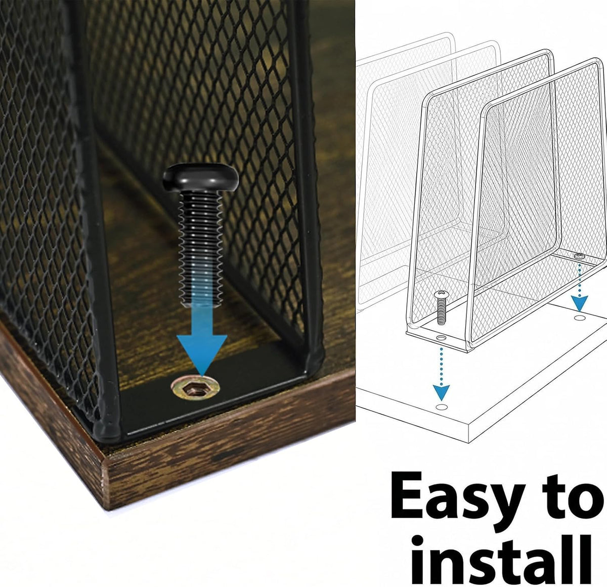 5-Section Vertical File Organizer for Desk, Sturdy Wood Base & Metal Mesh Desktop File Holder, Upright Paper Folder