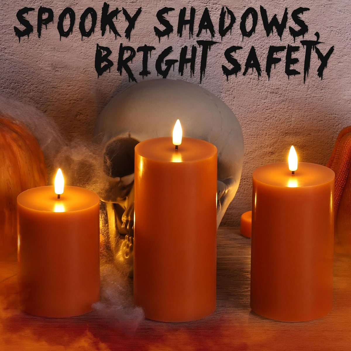Burnt Orange Fall Halloween Flameless Pillar Candles with Remote Set of 3 | Flickering LED Wax Candles, 2 AA Battery