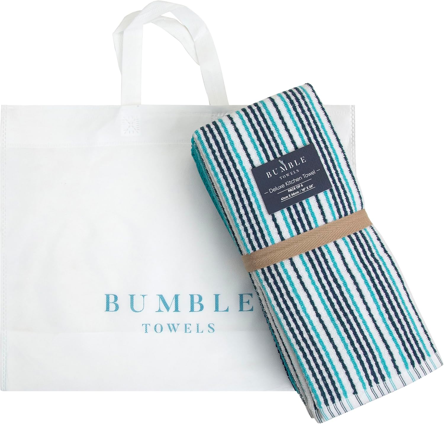 Bumble Kitchen Towels 6 Pack 100% Cotton 16"x26" - Aqua | 430 GSM Soft Kitchen Hand Towels with Hanging Loop, Highly