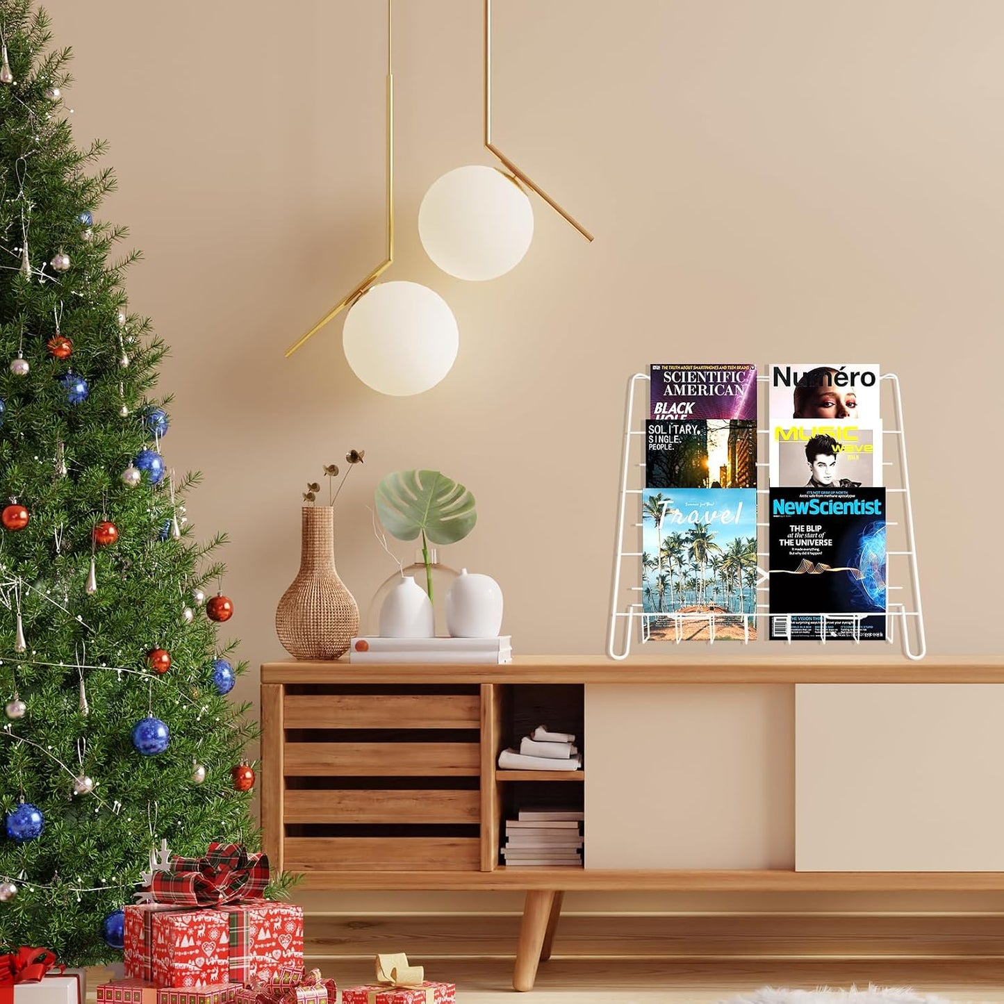 Wire Magazine Rack with 4 Open Tiers, Holds Both Magazines and Brochures, Includes Sign Channel at the Front - White